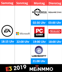 The electronic entertainment expo 2019 (e3 2019) was the 25th e3 press conference, during which hardware manufacturers, software developers, and publishers from the video game industry presented new and upcoming products to the attendees, primarily retailers and members of the video game press. E3 2019 Zeitplan Alle Termine Fur Pressekonferenzen Im Uberblick