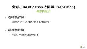 分類問題は 次の図の左のように 画像を特徴づけるデータが散らばっている場合に 犬と猫を分けるというタイプの問題で この図のようにきれいに分割するには多数の変数の重みを学習して点の分布を調整してやる必要がある 回帰問題は 点の分布からそれを近似する関数