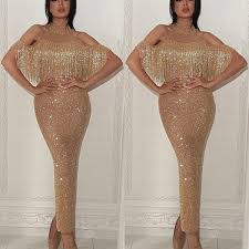 2019 Hot Gold Sequins Mermaid Prom Evening Dress Tassel Sheath Formal Party Gown Custom Made Pagenat Gown Plus Size Truworths Evening Dresses Arabic