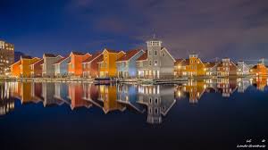 Reitdiephaven At Night Beautiful Colourful Houses In The Netherlands City Groningen Reitdiephaven