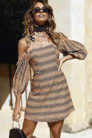 Apricot Stripe Off Shoulder Puff Sleeve Casual Dress Trending Outfits Off Shoulder Dress Dresses