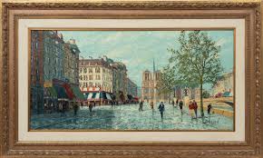 Marcel Brisson (French B. 1915) Oil On Canvas, Street View Of Notre Dame  Cathedral, H 24'' W 47''