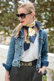 Wear a scarf with a jacket putting together a chic city outfit is always fun. Pin By Briosa Patterns On Scarf Scarf Outfit Silk Scarf Outfit How To Wear Denim Jacket
