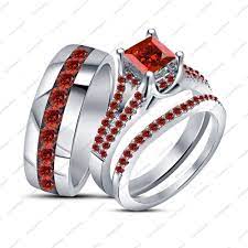 White Gold Plated 925 Silver Red Garnet Engagement Ring Wedding Band Trio Set Cz M Ruby Wedding Rings Wedding Ring Trio Sets Wedding Rings Sets His And Hers
