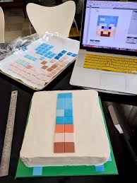 Laptop cake bottom part was strawberry and vanilla cake while top screen was cardboard covered with fondant. Easy Minecraft Birthday Cake Steve In Diamond Armor Merriment Design