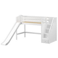 Twin Mid Loft Bed With Stairs Slide In 2021 Kid Beds Kids Loft Beds Bed With Slide