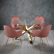 Laila 4 Seater Dining Set Pink In 2020 Pink Dining Chairs Velvet Dining Chairs Dining Table Gold