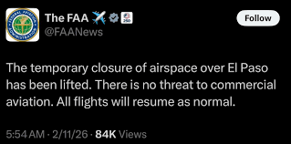 NEWS: The FAA has abruptly issued a 10-day temporary flight restriction  grounding all flights to and from El Paso International Airport, citing  “special security reasons.” A source told CNN the sweeping ban