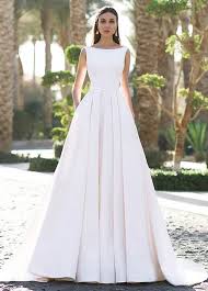 Chic Satin Bateau Neckline A Line Wedding Dresses With Pockets Belt Wedding Dress With Pockets Boat Neck Wedding Dress Celebrity Wedding Dresses