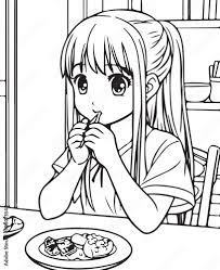 Anime girl is eating, vector coloring for children Stock Vector | Adobe  Stock