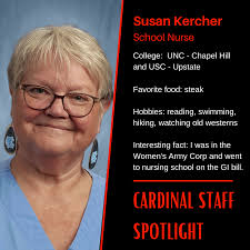 This week's Cardinal Staff Spotlight is our school nurse, Susan Kercher!  #LiveLearnLandrum #lmscardinalspotlight