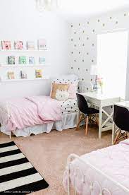 #bedroom makeover #cool room #bed lights #canopy #curtains. Pink Gold Girls Bedroom Makeover Modern Shabby Chic