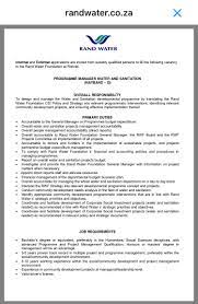 Rand water learnerships internship is a lead water service company in africa which its focus not only to distribute water, but also it gives concern toward water management, sanitation and many others. Water Sanitationrsa On Twitter Rand Water Is Hiring Check Out The Latest Vacancies Https T Co Nucn95uxsn