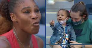 Williams and olympia, who turns three in september, sported marching purple athletic outfits to. Serena Williams Waves At Her Daughter During U S Open