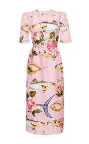 7 8k Fish Print Gazar Sheath Dress W Embroidered Rose By Dolce Gabbana For Preorder On Moda Operandi Fish Dress Dolce And Gabbana Printed Sheath Dresses