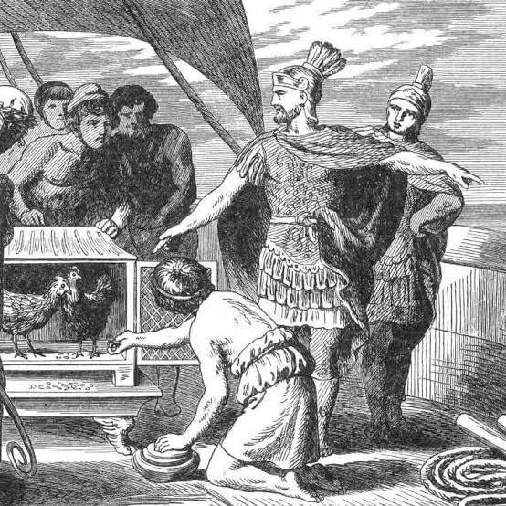 Roman consul Publius Claudius Pulcher defies sacred chickens before  disastrous naval battle at Drepana