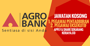 Portal jawatan kosong terkini ingin berkongsi maklumat peluang pekerjaan di bank pertanian malaysia berhad (agrobank) yang kini dibuka untuk semua warganegara malaysia dan bagi mereka yang berminat serta berkelayakan dipelawa untuk mengisi kekosongan jawatan ini seperti berikut Jawatan Kosong Agro Bank Kerja Kosong Kerajaan