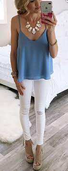 Spring Fashion Blue Top White Ripped Skinny Jeans Brown Suede Platform Sandals Trendy Summer Outfits Classy Summer Outfits Fashion