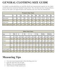 General Vintage Clothing For Men And Women Size Chart