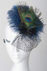 Fascinator Of Blue Feather Base Comb Fastening With Peacock Feather Crin Bow And Veil Accent Perfect Ladies Hat A Fancy Hats Hats For Women Fascinator Hats