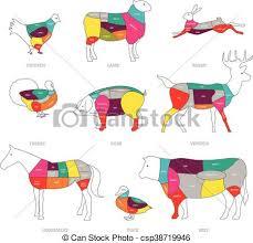 Butcher Shop Concept Vector Illustration Meat Cuts Animal Parts Diagram Of Pork Beef Lamb Duck Chicken Rabbit