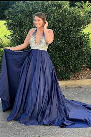 Plus Size Backless Dark Blue A Line V Neck Beaded Halter Prom Dresses Formal Evening Dress Ld1931 Prom Dress With Train Halter Prom Dresses Prom Dresses Modest