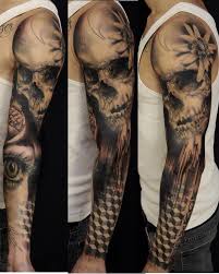 Skull And Geometric Sleeve Tattoo Sleeve Tattoos Tattoo Sleeve Designs Full Sleeve Tattoo