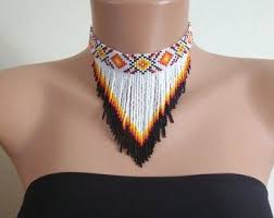 Beaded Choker Necklace Three Feathers Wide Beads Choker Beadwork Necklace  Turquoise Tribal Seed Bead Choker Necklace Boho Jewelry Handmade