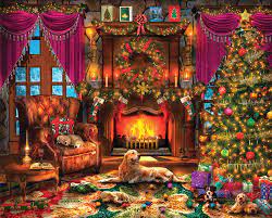 Beyond the cathedral domes, a full moon appears like a jewel in the sky and by its light, a team of geldings draws a carriage home through the pearly snow. Cozy Christmas 1000 Piece Jigsaw Puzzle Christmas Jigsaws Christmas Puzzle Christmas Scenery