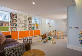 The colorful playroom shows you how to build a study room with just a few desks and some colorful pictures. Basement Playroom Houzz