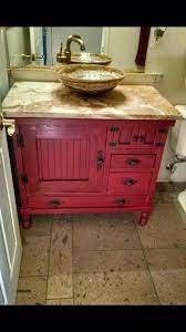 How's this for double sink bathroom vanity decorating ideas? The Trunk Trader Facebook Special Ordered Rustic Barn Red Antiqued Bathroom Vanity Cabinet With V Bathroom Red Wooden Bathroom Vanity Antique Bathroom Vanity
