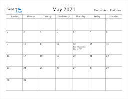 Calendar first day of ramadan. United Arab Emirates May 2021 Calendar With Holidays
