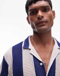 Topman short sleeve crochet striped shirt in blue