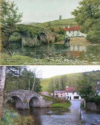 Malmsmead Bridge, a 17th century stone structure in Exmoor, is shown here in a 1930 painting alongside a modern day view. This historic site is now a protected Scheduled Ancient Monument and