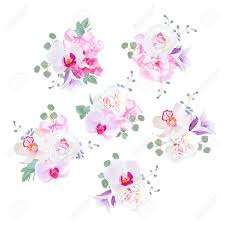 From the lightest baby blue to the darkest navy. Small Wedding Bouquets In Purple Pink And White Tones Peony Violet Bellflower Hydrangea Campanula Orchid Eucalyptus Blue Berries And Satin Bows All Elements Are Isolated And Editable Royalty Free Cliparts Vectors And