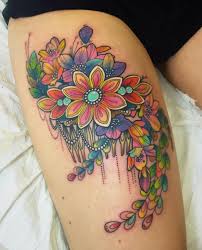 Farbiges Blumen Tattoo Traumfanger Blumen Tattoo Hufte Tattoo Bein Tatowierungen