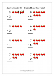 The set progresses in difficulty by starting with single dots (touch points) and works up to problems with double touch points. Free Printable Number Subtraction 1 10 Worksheets For Grade 1 And Kindergarten Subtraction With Pictures Objects To Cross Out Subtraction Using Number Line Megaworkbook