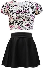 Kids Girls Love Graffiti Scribble Print Crop Top Black Skater Skirt Set New Age 7 8 9 10 11 12 13 Girls Size 10 Clothes Girl Outfits Justice Clothing Outfits