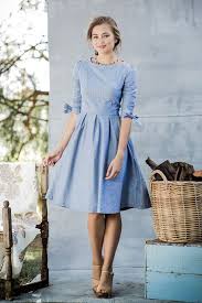 Shop For Cute Chambray Spring Fit Flare Dresses With Elbow Length Sleeves Online At Shabby Apple Find Vintage R Pretty Dresses Modest Dresses Cute Dresses