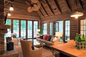 Mdf, wood veneer • drawer acts as a middle support console for table (not included) • spacious counter top panel. Cabin Living Room With Vaulted Plank Ceiling Country Deck Patio