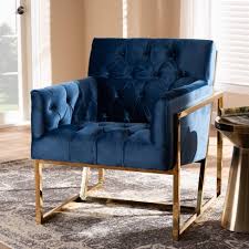 Milano Velvet Fabric Upholstered Finished Lounge Chair Gold Blue Baxton Studio Fabric Lounge Chair Contemporary Lounge Chair Armchair