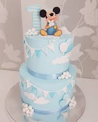 Baby Blue Mickey Mouse With Bunting Baby Boy Cake Boybirthdayparties Party Baby Boy Birthday Cake Baby Birthday Cakes Boys 1st Birthday Cake