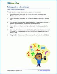 Grade 3 Word Problems With Equations And Variables K5 Learning