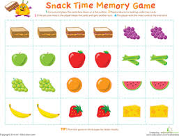 Snack Time Memory Game Worksheet Education Com Memory Games Preschool Games Nutrition