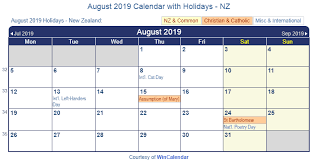 August 2019 Calendar With Holidays Nz 2019 Calendar Us Holiday Calendar Holiday Calendar Printable