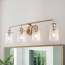 Laluz Modern Bathroom Vanity Light 4 Light Warm Brass Gold Bath Light Interior Bath Bar Light With Bell Seeded Glass Shades Llbuqvhl13567nq The Home Depot In 2020 Modern Bathroom Vanity Lighting Vanity