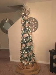 Pencil Christmas Tree With Shades Of Blue Ornaments Burlap Gold And Silver Ribbons Burlap Pencil Christmas Tree Ribbon On Christmas Tree Slim Christmas Tree
