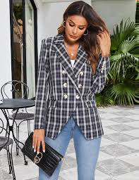 Buy Genhoo Women Long Sleeve Plaid Blazer Turn Down Collar Double Breasted  Casual Work Office Blazer Jacket with Pockets S-2XL Online in Sweden.  B09B239M3F