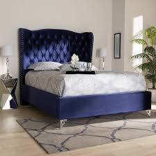 Marcella tufted wingback upholstered bed, queen, antique white june 2021 description delivery options information the marcella collection by jennifer taylor home is the perfect addition to any bedroom looking to add a bit of a modern flair. Baxton Studio Hanne Glam Luxe Purple Blue Velvet Fabric Upholstered King Size Wingback Bed Cf8948 Navy Blue King