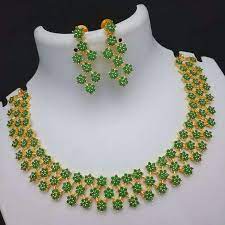Triple Rows Star Design Emerald Green Stone Bridal Necklace Gold Plated Jewelry Gold Bridal Necklace Gold Jewelry Necklace Buy Gold Jewelry